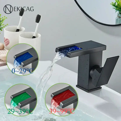 Matte black led waterfall basin faucet with rectangular spout and decorbites led waterfall temperature display