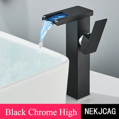Matte black led waterfall basin faucet with rectangular spout cascading water for decorbites led waterfall basin use