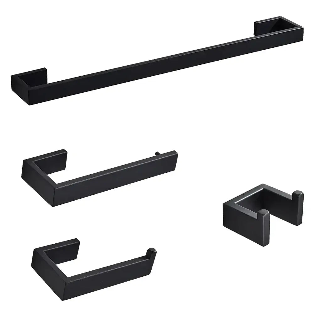 Matte black metal bathroom hardware set featuring towel bar hooks and toilet paper holder for bathroom storage rack