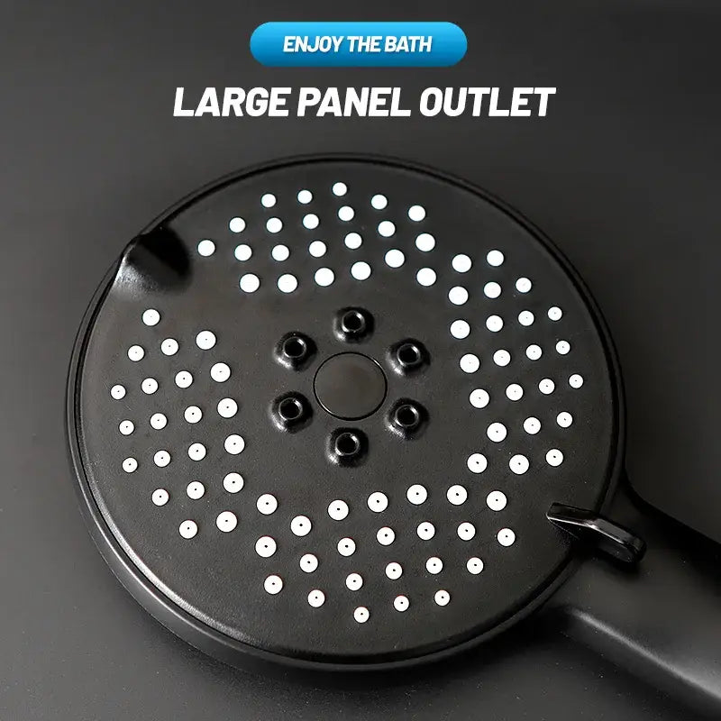 Matte black pressure boost shower head with hose showing black circular head with white perforations and mounting holes