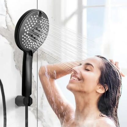Matte black pressure boost shower head with hose featuring multiple nozzles and sleek modern design for bathroom use