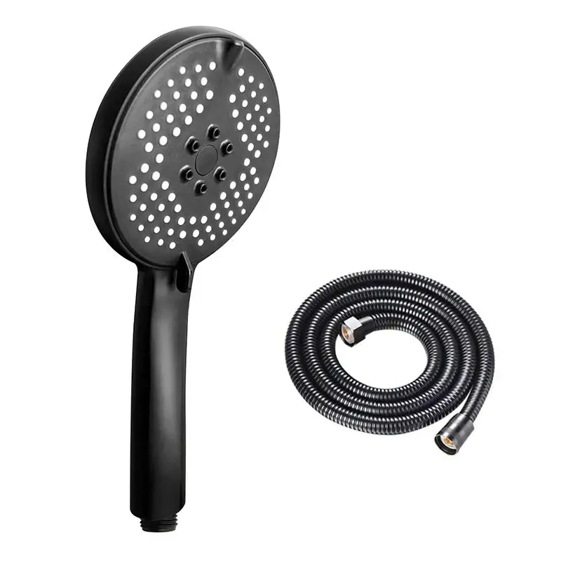 Matte black pressure boost shower head with multiple spray holes and flexible hose for enhanced bathroom use