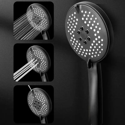 Matte black pressure boost shower head with hose featuring a circular matte finish spray nozzle and ergonomic handle