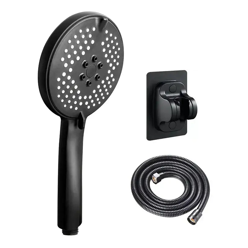 Matte black pressure boost shower head with hose featuring black matte finish circular face and multiple spray holes