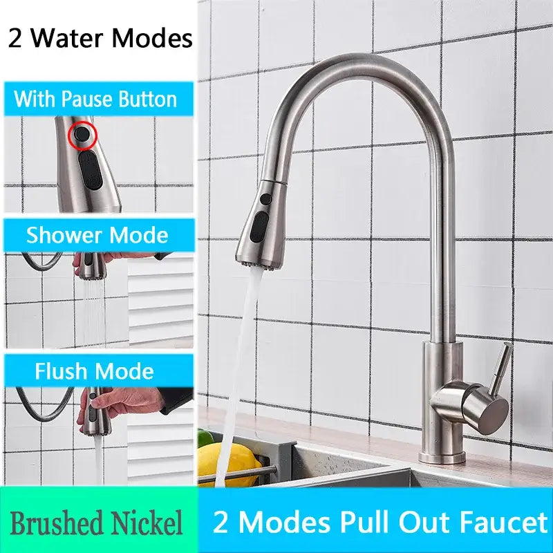 Matte black kitchen faucet with high arc spout brushed nickel pull-out black sus304 pull featuring two water modes and pause button