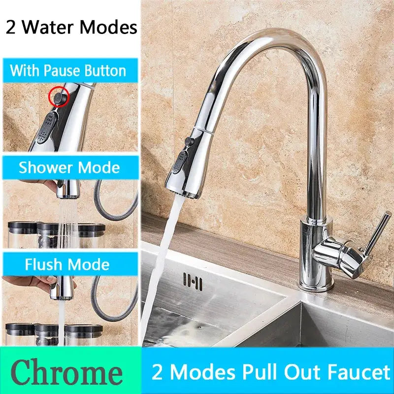 Chrome-finished kitchen faucet with sleek arched spout and dual-function spray head matching decorbites black sus304 pull