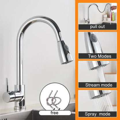 Matte black pull out kitchen sink faucet with chrome finish, sleek curved spout, and dual spray stream modes sink faucet