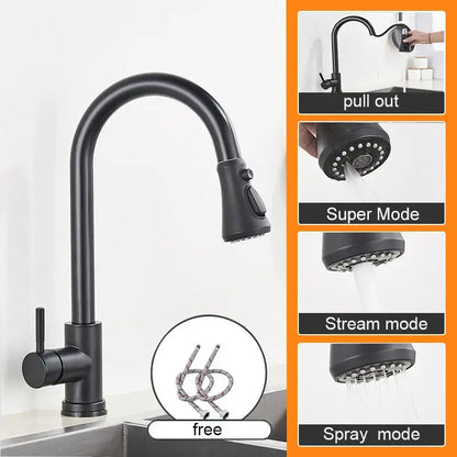 Matte black pull out kitchen sink faucet with black matte finish, stream sprayer, and multiple water flow modes