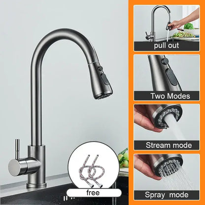 Matte black pull out kitchen sink faucet with black matte finish, curved spout, and dual spray stream modes for kitchen sink