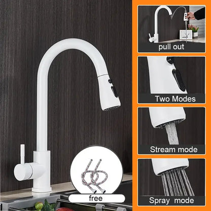White pull-out kitchen sink faucet with a sleek curved spout and dual spray modes for versatile kitchen use
