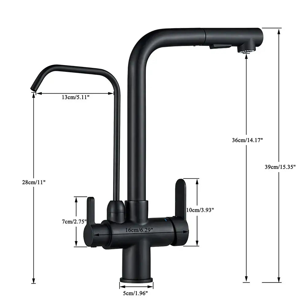 Matte black purification kitchen faucet with flexible pull out spray featuring two handles and sleek arched spout design