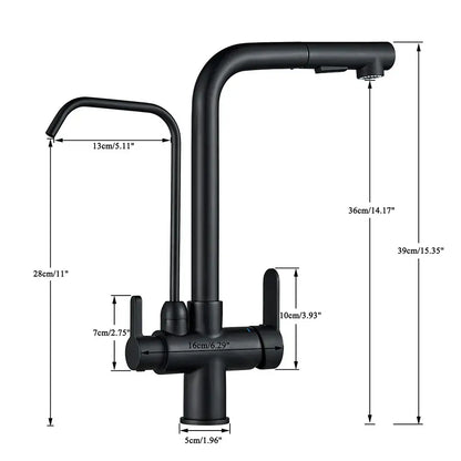 Matte black purification kitchen faucet with flexible pull out spray featuring two handles and sleek arched spout design
