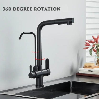 Matte black purification kitchen faucet with dual handles and 360-degree rotating spout for versatile kitchen use