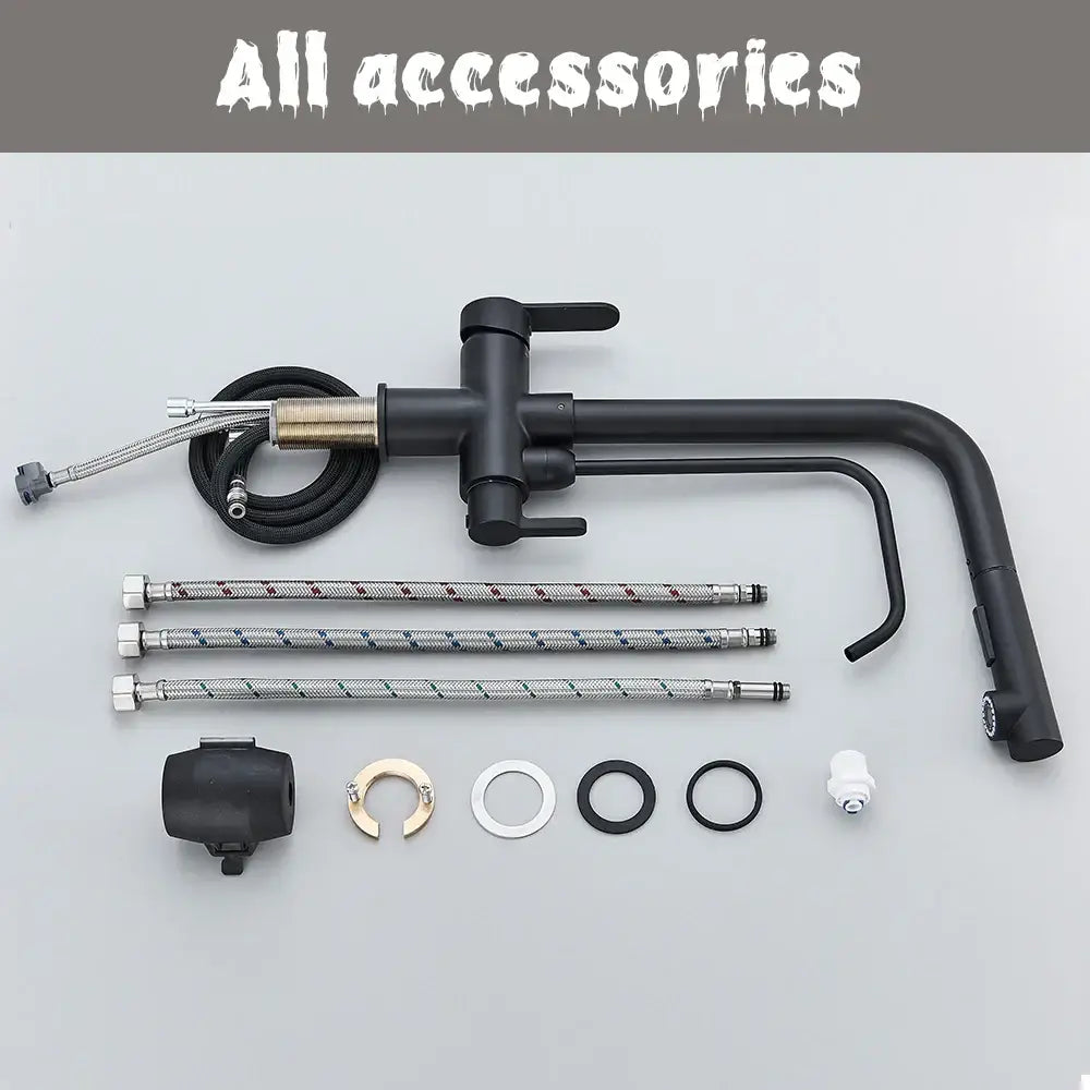 Matte black purification kitchen faucet with curved spout, dual handles, brushed brass accent, and flexible pull out spray
