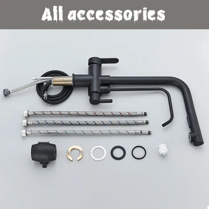 Matte black purification kitchen faucet with curved spout, dual handles, brushed brass accent, and flexible pull out spray