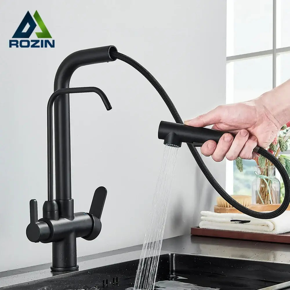 Matte black purification kitchen faucet with black matte finish pull-out spray head and flexible hose for kitchen use