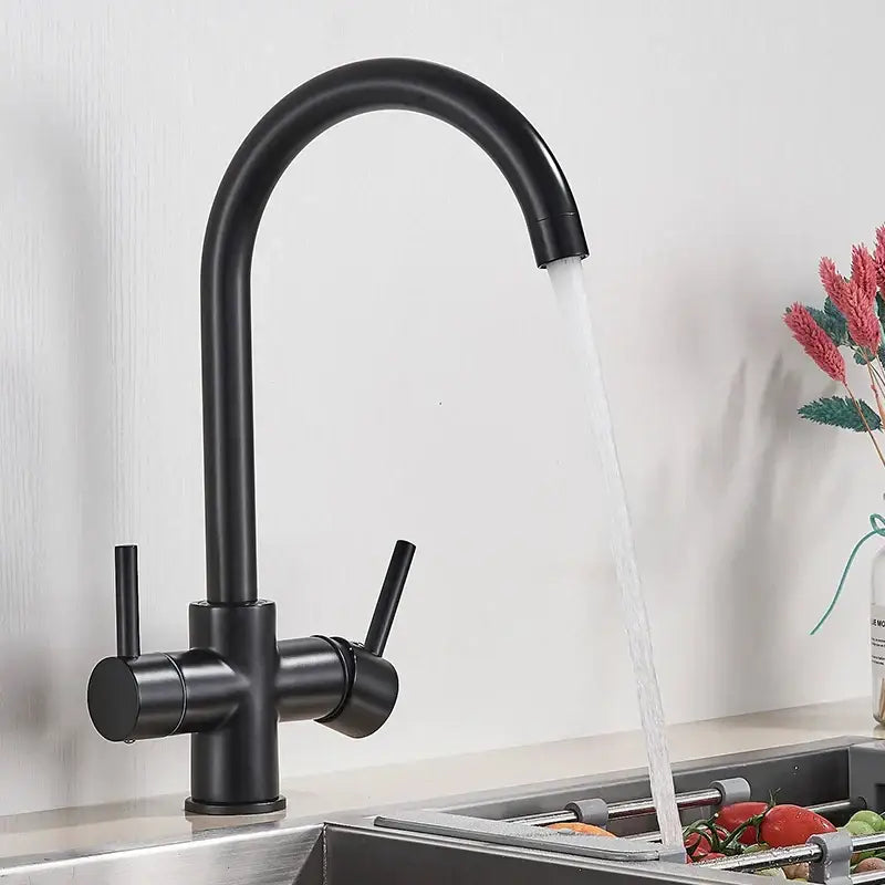 Matte black purified water kitchen faucet with dual handles and curved spout by decorbites black purified
