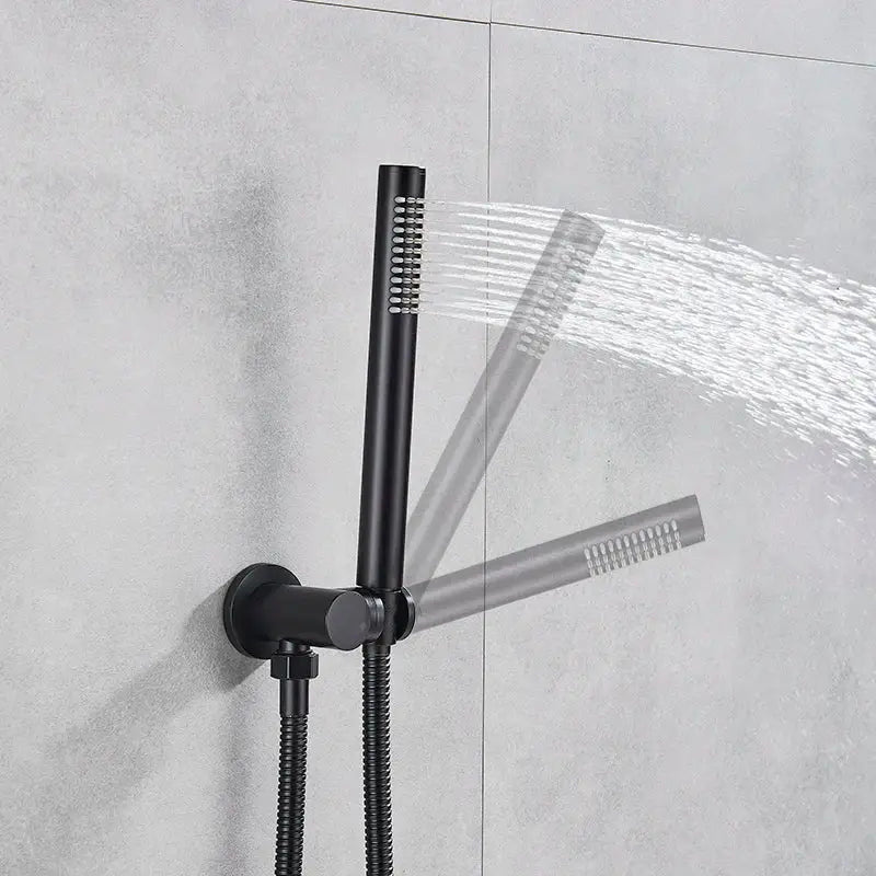 Matte black rain shower set with decorbites brass black dual spray shower head and flexible hose for bathroom use