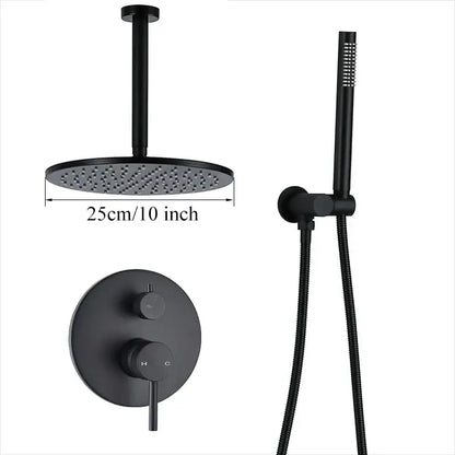 Matte black rain shower set with 10-inch round rainhead handheld spray and dual-control valve by decorbites brass black