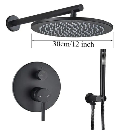 Matte black rain shower set with 30cm round head and adjustable handheld spray by decorbites brass black