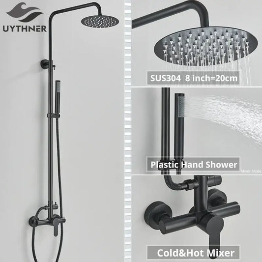 Matte black rainfall shower faucet set with sus304 8-inch rainhead, plastic hand shower, and hot cold mixer for bathroom