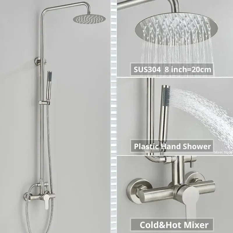 Matte black stainless steel shower faucet set with 8-inch rainhead, handheld spray, and cold-hot mixer for bathroom