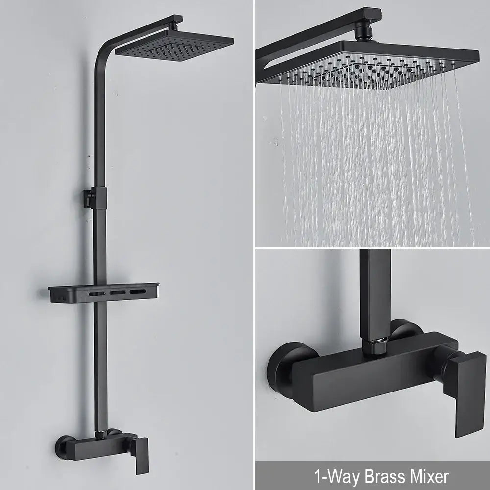 Matte black rainfall shower faucet set with square rainhead and 1-way brass mixer for bathroom use