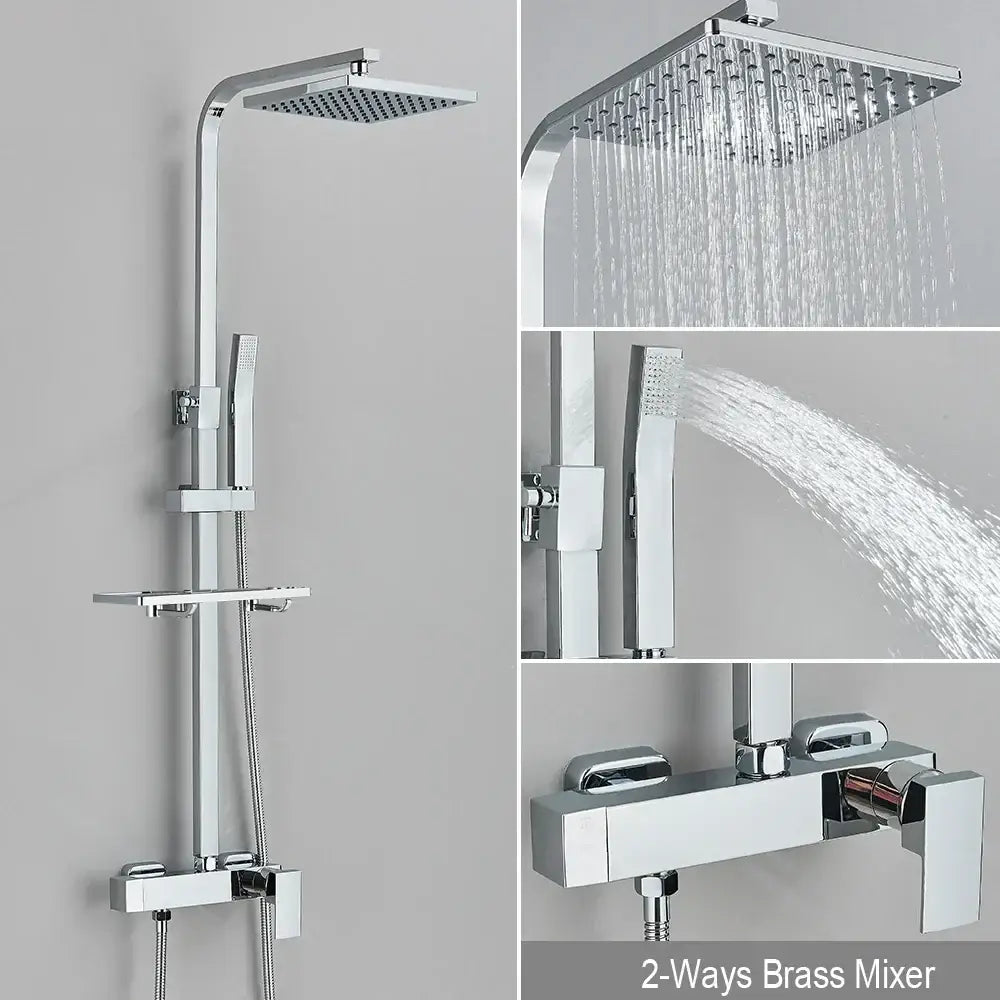 Chrome-finished square rain shower head with multiple spray settings for matte black rainfall shower faucet set with shelf