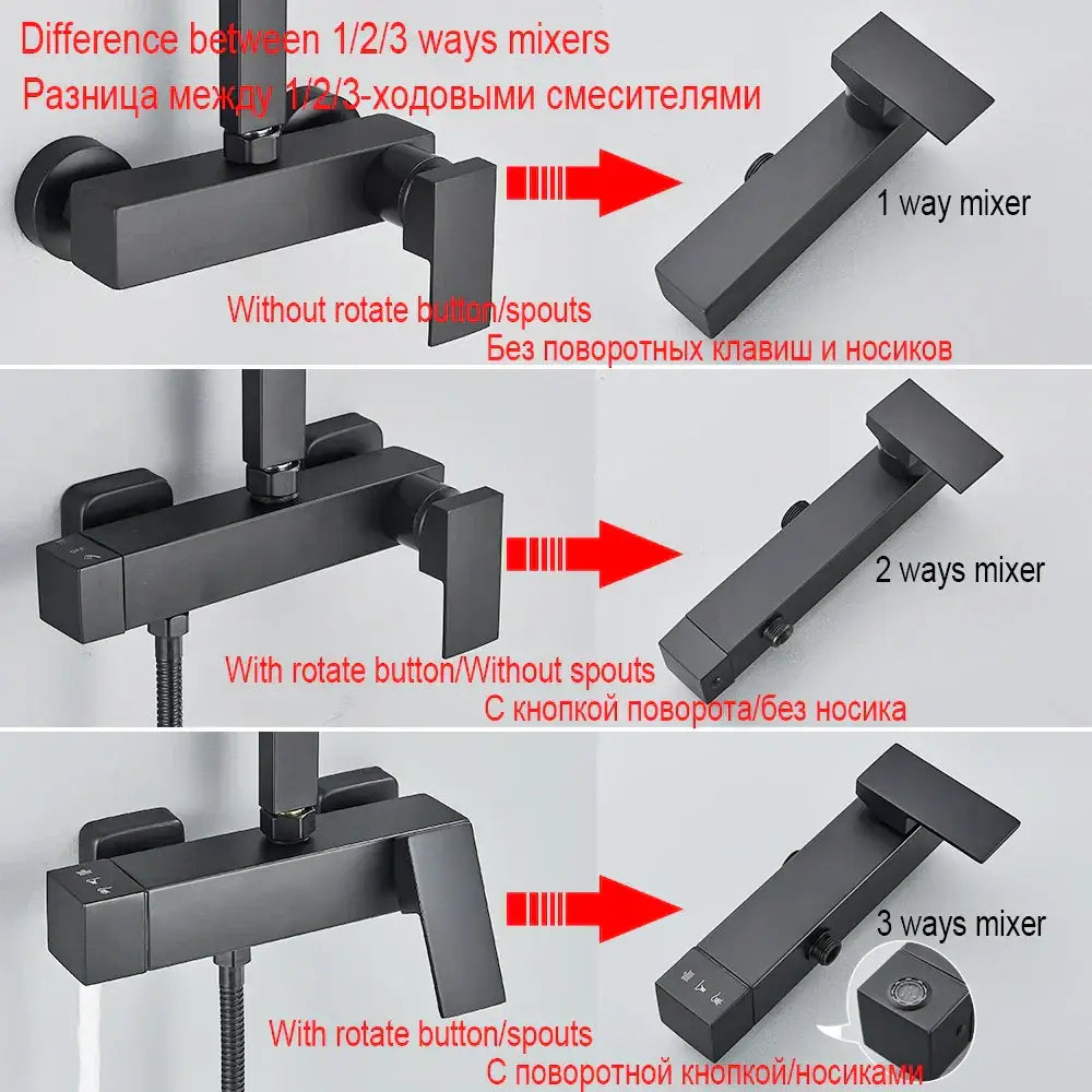 Matte black rainfall shower faucet set featuring black matte-finish mixer taps with sleek rotating control knobs
