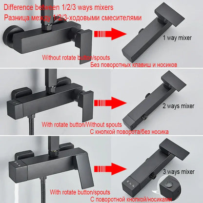 Matte black rainfall shower faucet set featuring black matte-finish mixer taps with sleek rotating control knobs