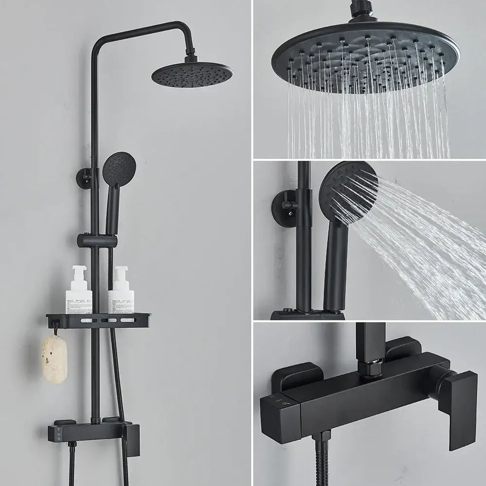 Matte black rainfall shower faucet set with shelf featuring a rainhead handheld sprayer and wall-mounted faucet set