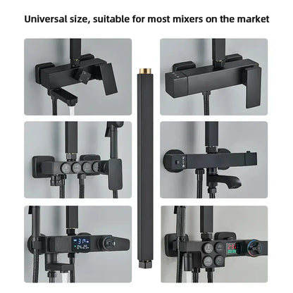 Matte black shower faucet extension tube with brass fitting and digital temperature display for modern bathrooms