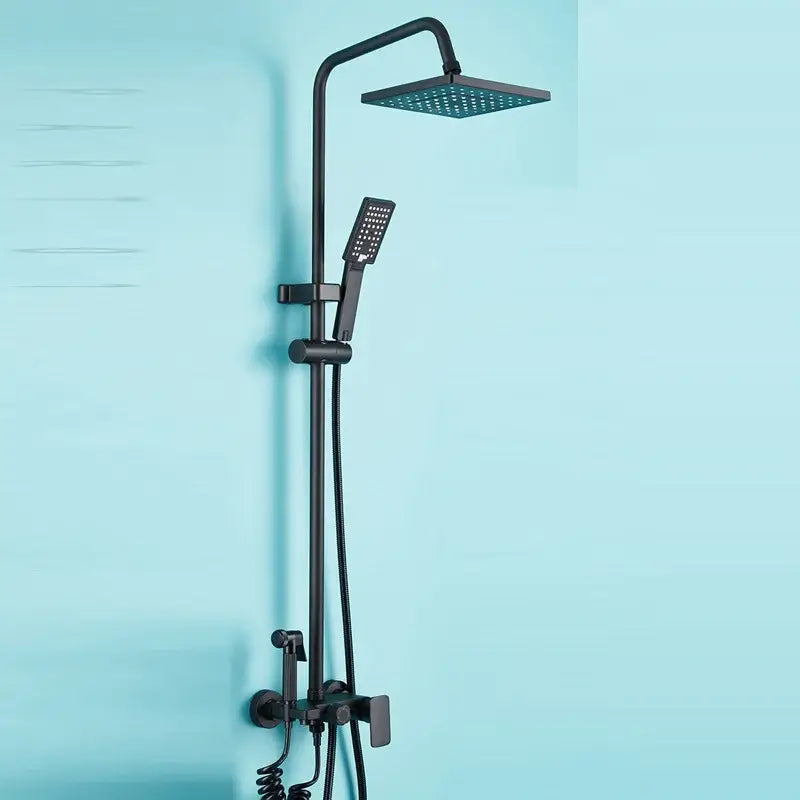 Matte black shower faucet set with square rainhead and handheld sprayer in black matte finish bathroom tap