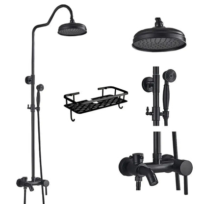 Matte black shower faucet set with handshower, tub spout, and tall overhead rainhead in black matte finish