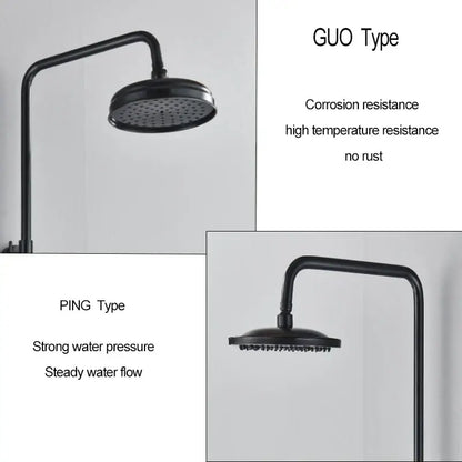 Matte black shower faucet set with handshower and tub spout featuring a curved arm and multiple spray holes