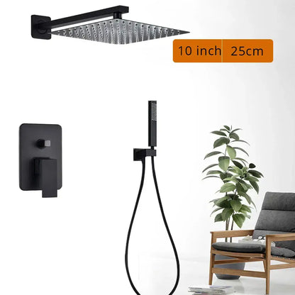 Matte black shower set featuring a square rain shower head with matte finish and integrated mounting bracket by decorbites black shower