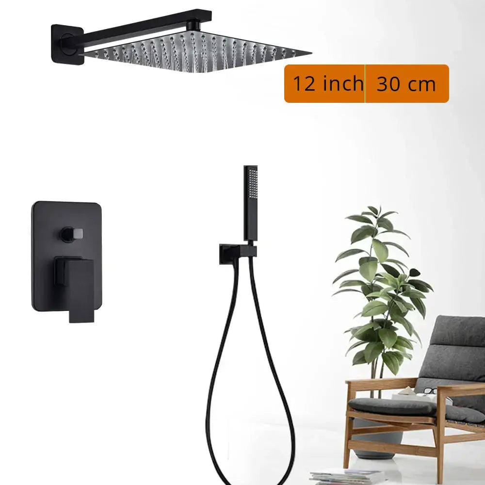 Matte black shower set with square rain head featuring a textured surface and integrated mounting bracket by decorbites black shower