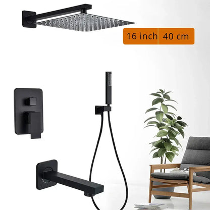 Matte black shower set with a 16-inch square rainfall showerhead in black matte finish for modern bathroom decorbites black shower