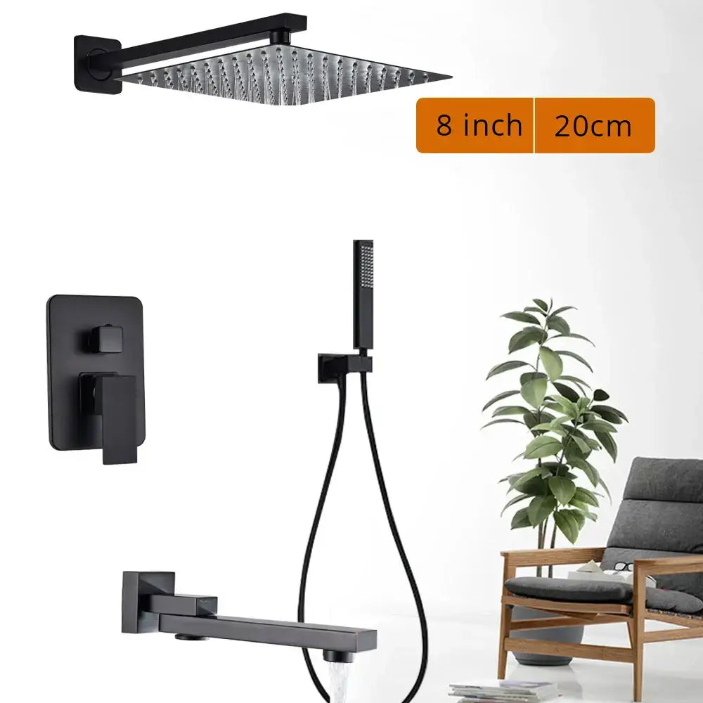 Matte black shower set featuring a square rain showerhead with textured surface and matte finish for bathroom decor