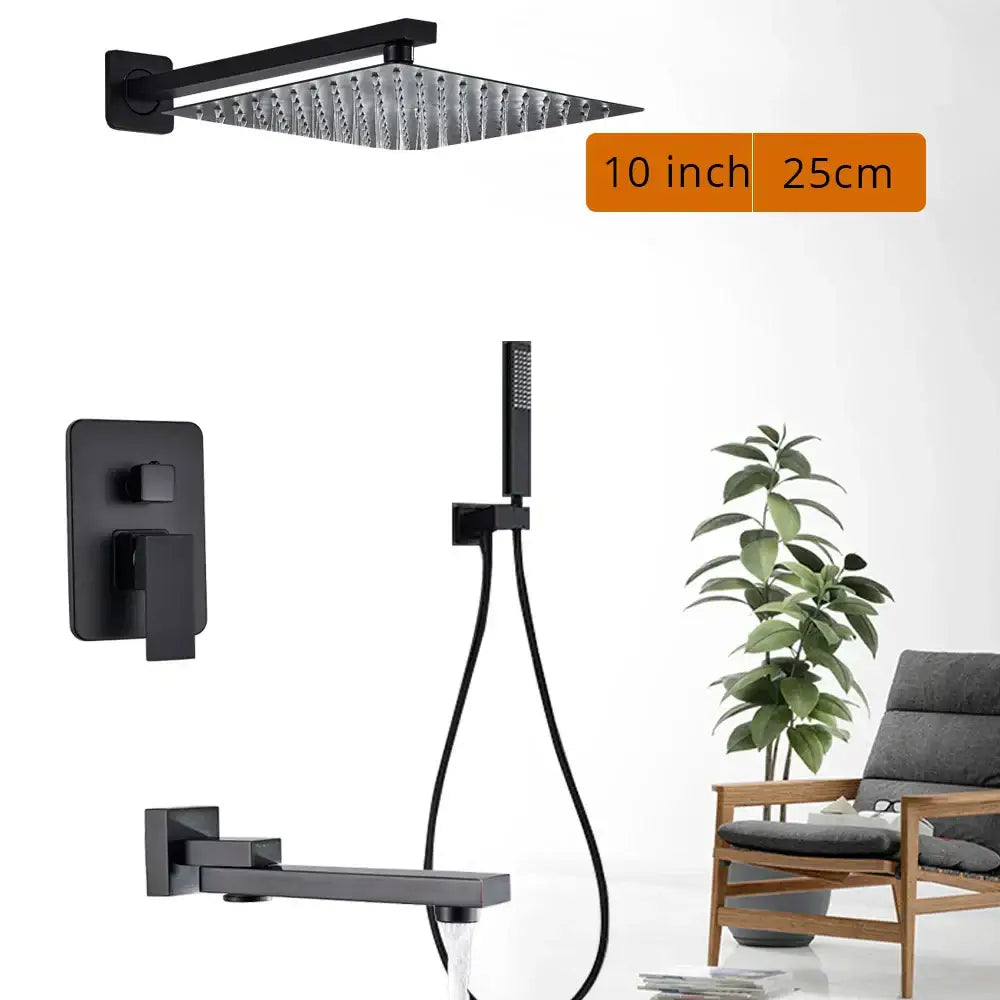 Matte black shower set featuring a black matte-finish square rain shower head with textured surface and integrated bracket