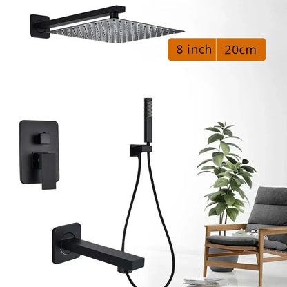 Matte black shower set with square rain head and spout featuring black matte-finished textured showerhead and mounting bracket