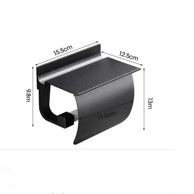 Matte black and silver toilet paper holder with shelf featuring sleek modern design and precise dimensions for bathroom storage