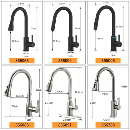 Matte black single handle pull down kitchen faucet with swivel tap and sleek curved design in black and stainless steel finishes