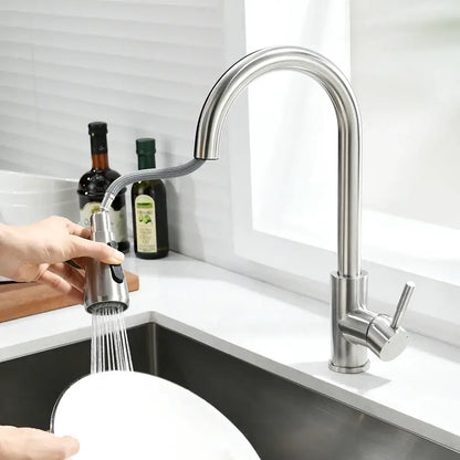 Matte black single handle pull down kitchen faucet with flexible stainless steel gooseneck spout swivel tap decorbites black single handle