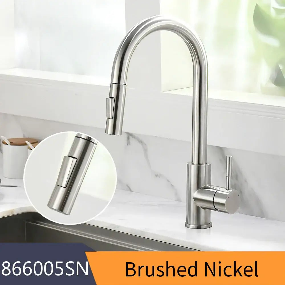Brushed nickel kitchen faucet with a single handle pull-down spray head in decorbites black single handle style