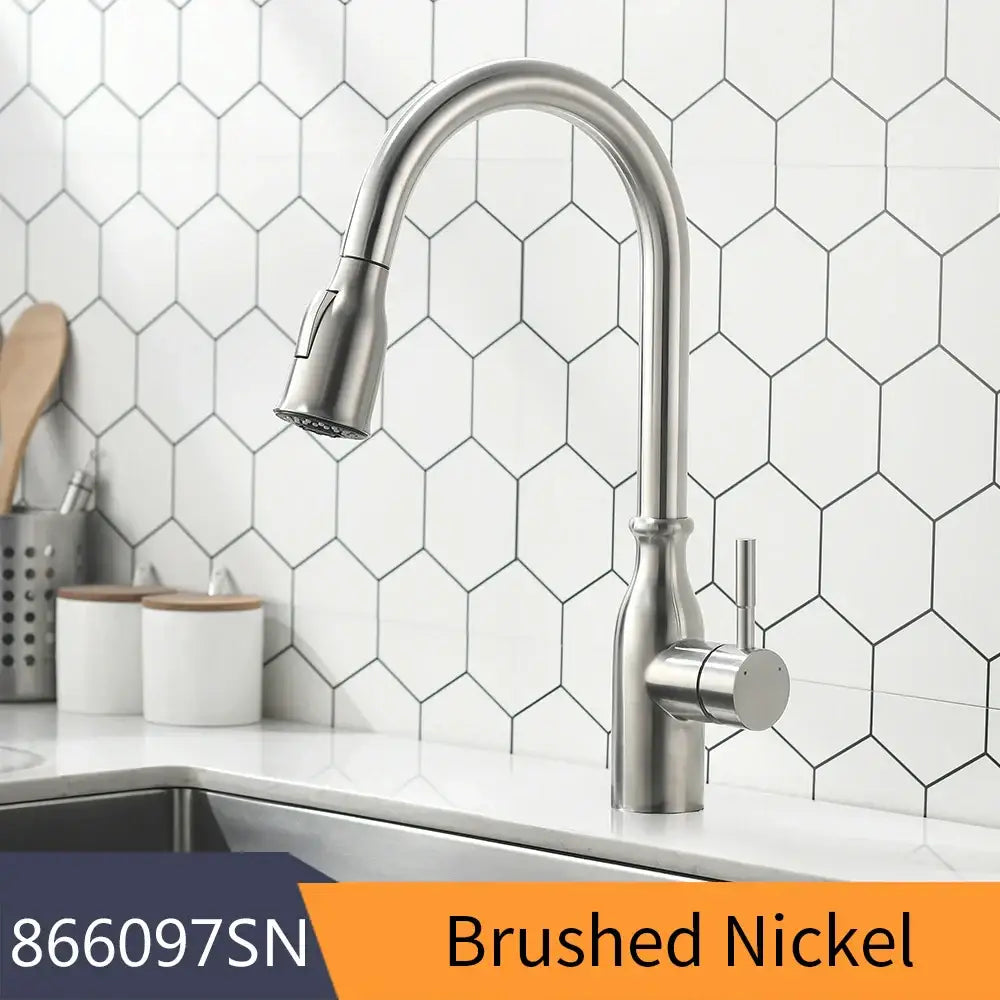 Matte black single handle pull down kitchen faucet with brushed nickel arched spout and pull-down spray head decorbites black single handle