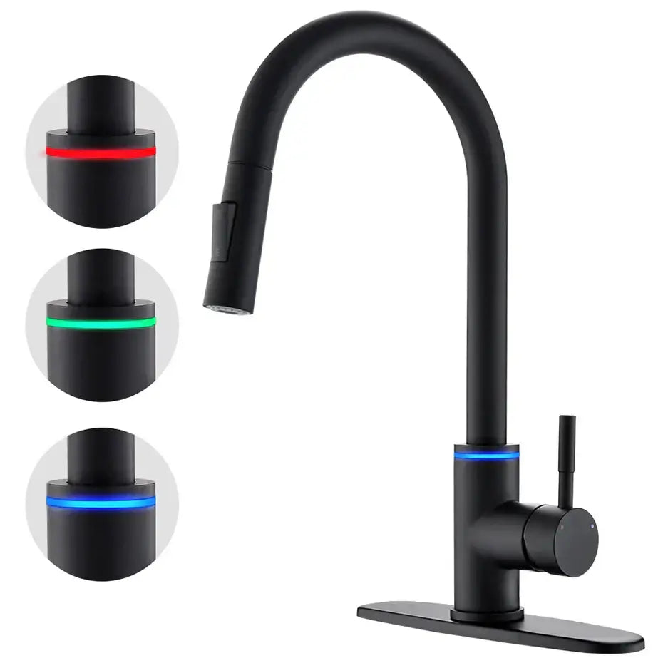 Matte black single handle pull down kitchen faucet with curved spout and led lighting in red green and blue hues