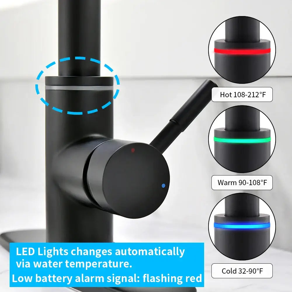 Matte black single handle pull down kitchen faucet with led temperature indicator lights and swivel tap design