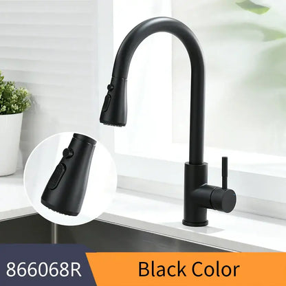 Black single handle pull down kitchen faucet with matte finish and swivel tap for modern decorbites setups