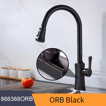 Matte black single handle pull down kitchen faucet with sleek curved spout and decorbites black single handle design